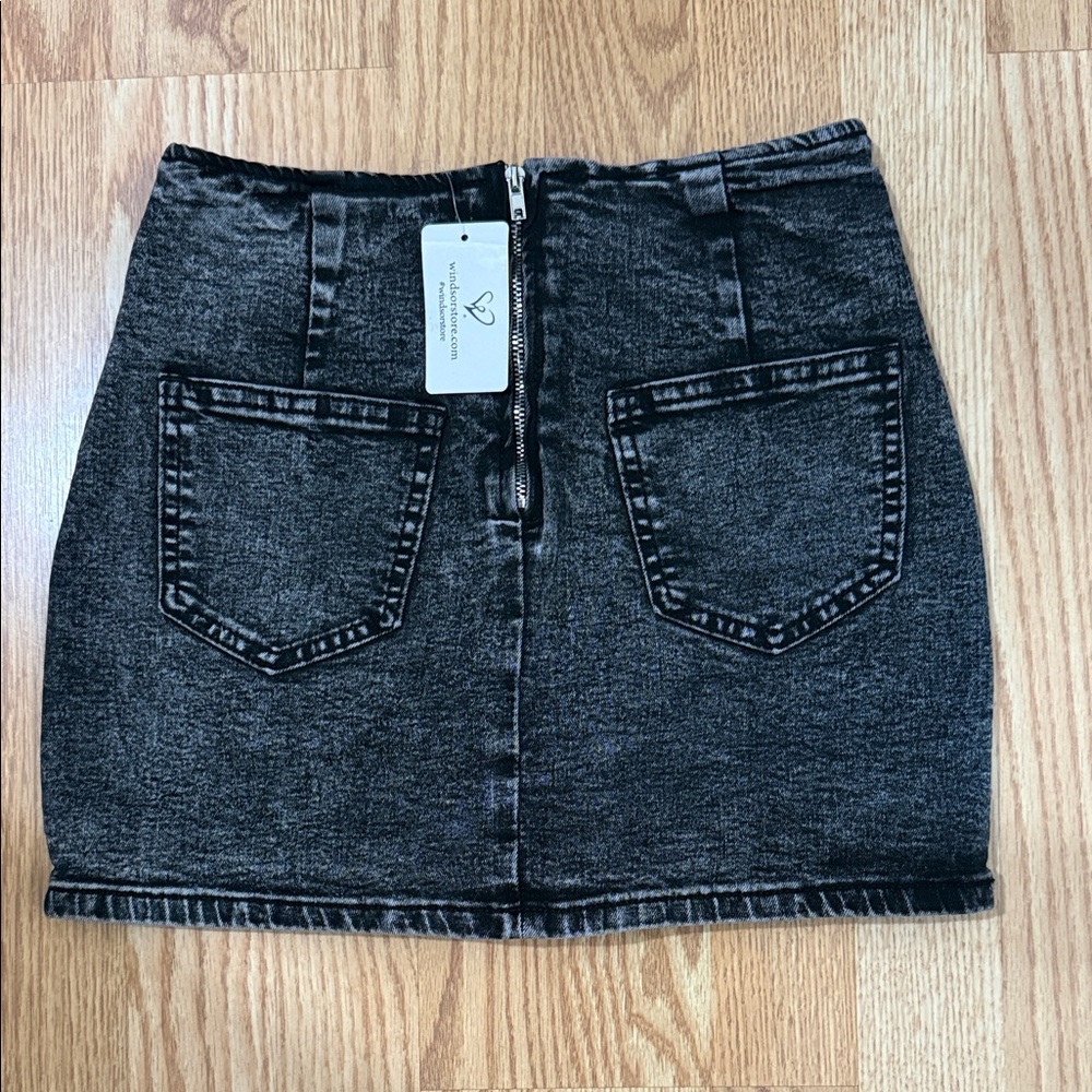 Windsor Black Acid-Wash Denim Mini Skirt with Front Zip